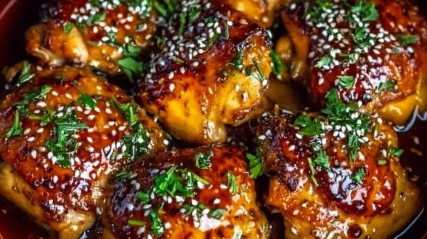 Delicious Easy Crockpot Honey Garlic Chicken served with vegetables