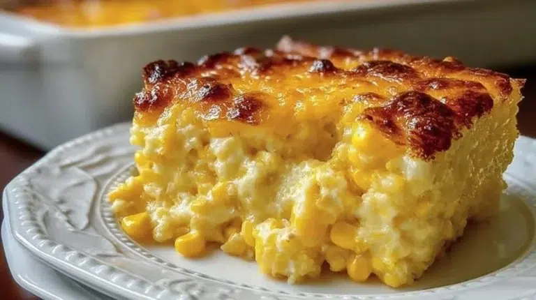 Easy Jiffy corn casserole dish ready to serve with a golden top.