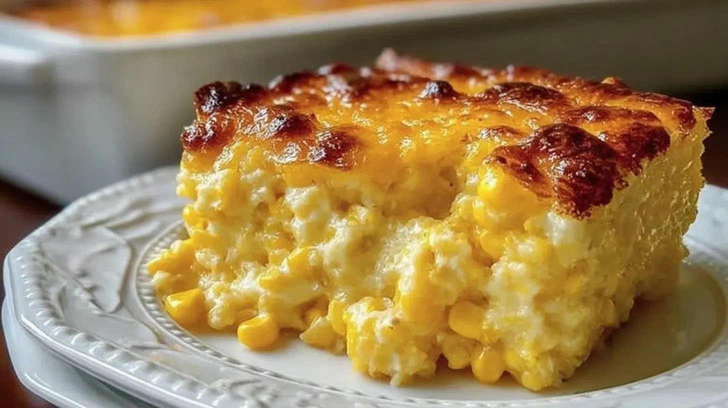 Easy Jiffy corn casserole dish ready to serve with a golden top.