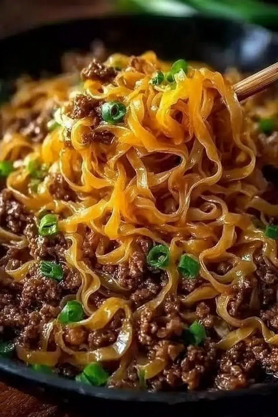 Plate of Mongolian Ground Beef Noodles garnished with green onions