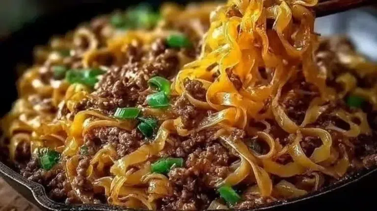 Plate of easy Mongolian ground beef noodles garnished with green onions.