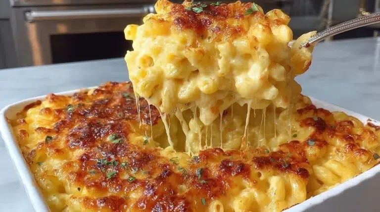 Easy no-roux no-egg mac and cheese in a creamy sauce with melted cheese