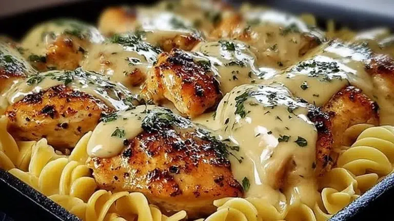 Plate of easy one-pan chicken with buttered noodles garnished with herbs