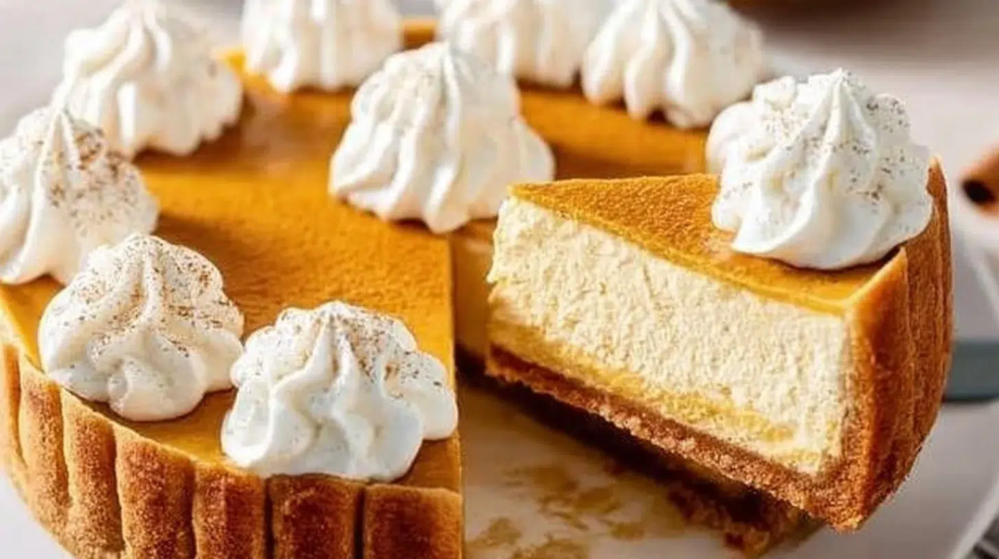Delicious easy pumpkin pie cheesecake topped with whipped cream and cinnamon
