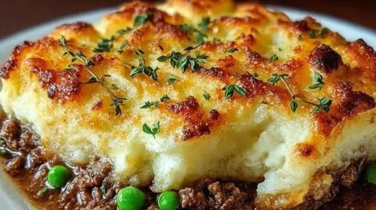 Easy Shepherd's Pie casserole served with a golden crust and hearty filling