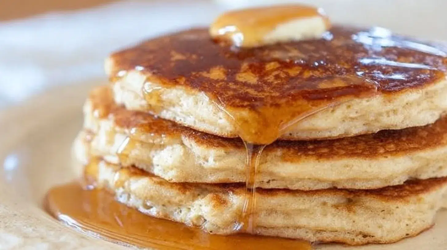 Fluffy and golden sourdough pancakes stacked on a plate