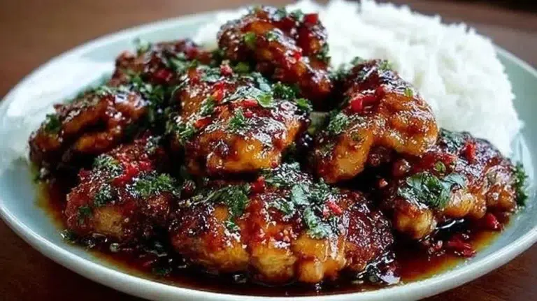 Plate of easy soy garlic chicken thighs garnished with herbs