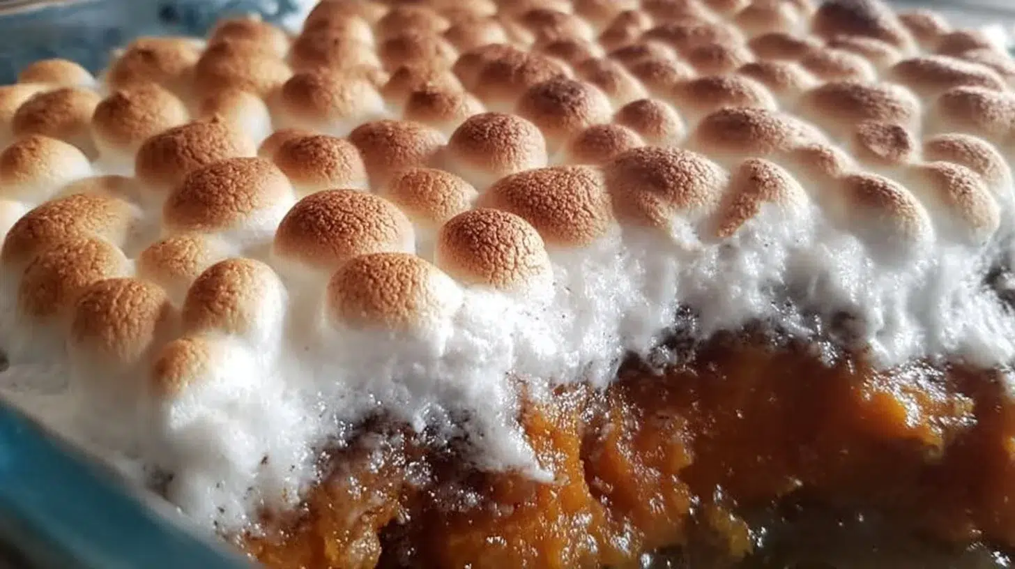 Easy sweet potato casserole topped with marshmallows and pecans