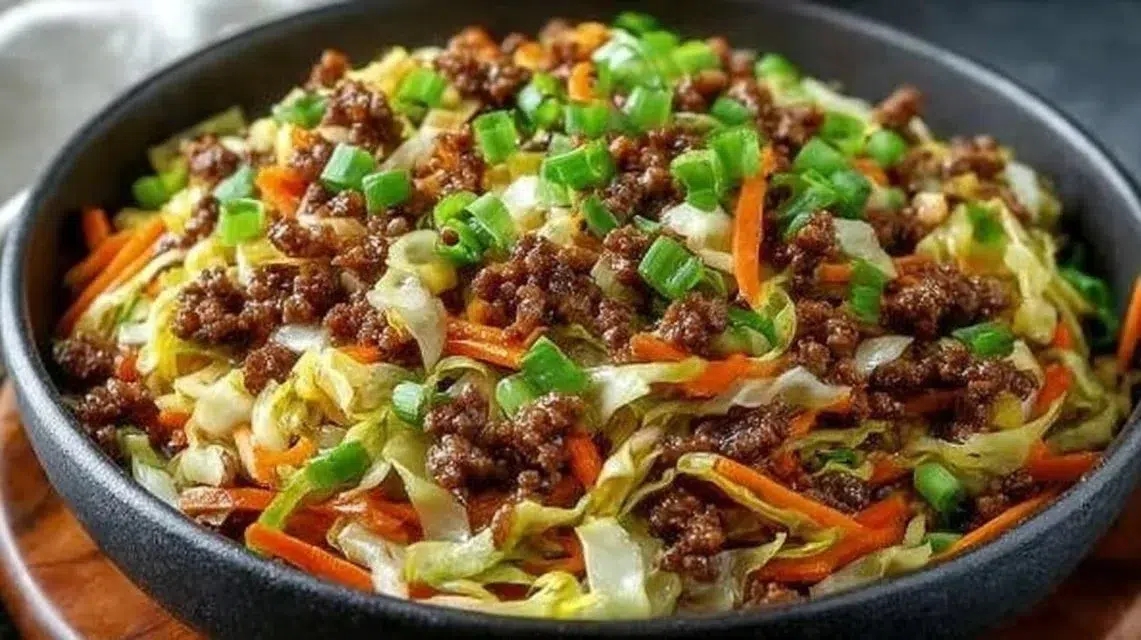 Delicious Egg Roll in a Bowl with vegetables and meat served in a colorful dish.
