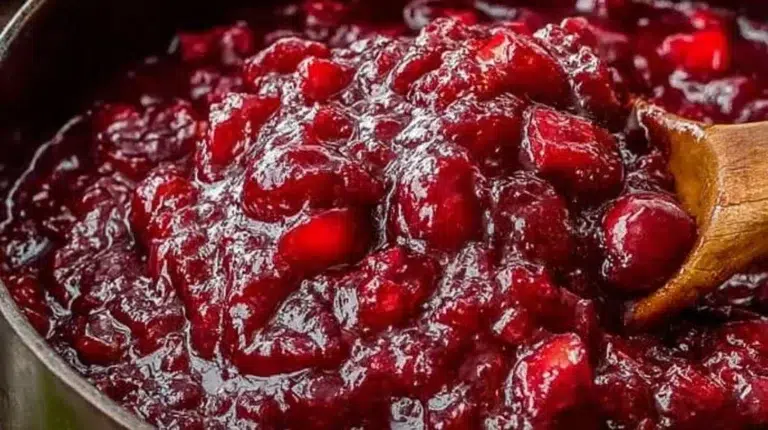 Elegant honey bourbon cranberry sauce served in a festive bowl
