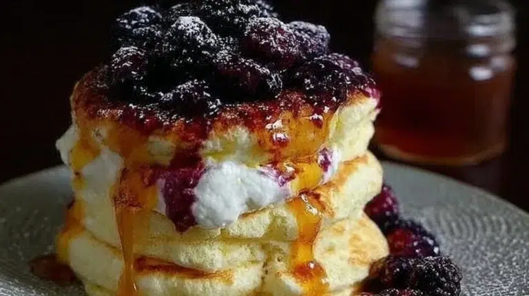 Fluffy Japanese soufflé pancakes stacked on a plate with syrup and berries