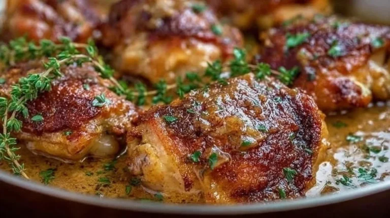 Plate of French mustard chicken garnished with herbs and served with vegetables.