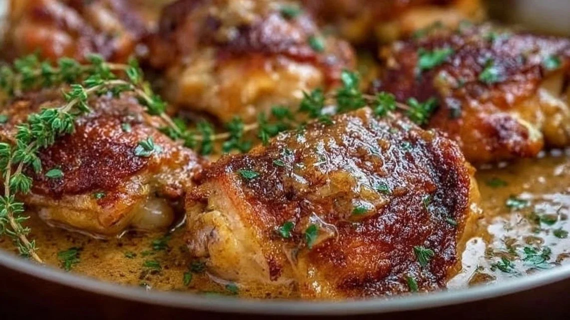 Plate of French mustard chicken garnished with herbs and served with vegetables.