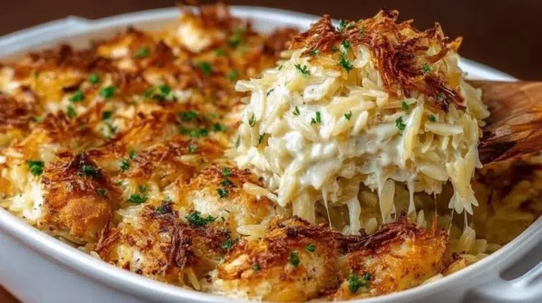 French Onion Chicken Orzo Casserole dish ready to serve.