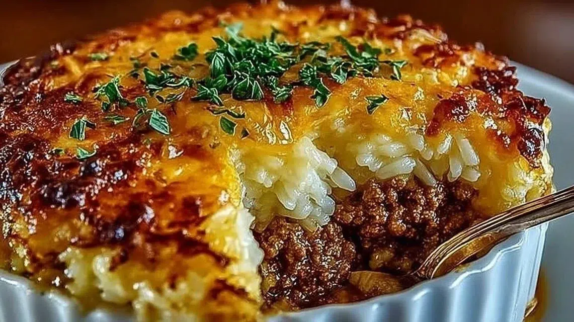 Delicious French Onion Casserole with ground beef and rice baked to perfection