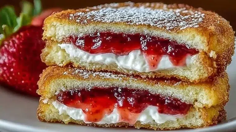 Fried strawberry cheesecake sandwiches with a golden crust and creamy filling