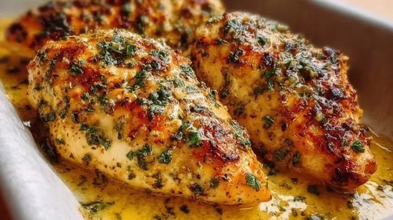 Delicious Garlic Butter Baked Chicken Breast served with herbs and vegetables