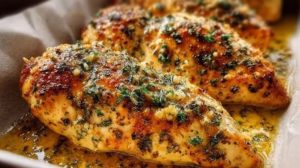 Juicy garlic butter baked chicken breast garnished with herbs