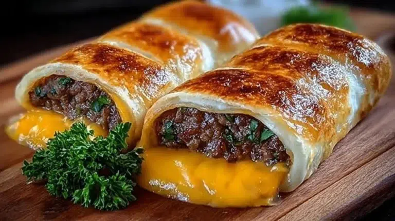 Garlic Butter Beef Cheeseburger Rollups served on a plate