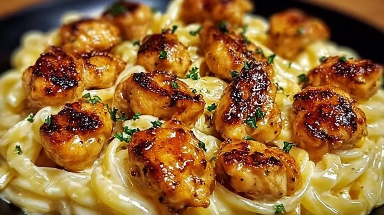 Garlic Butter Chicken bites served with creamy Parmesan pasta in a delicious dish