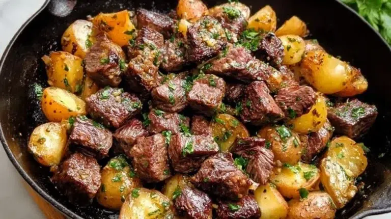 Delicious Garlic Butter Steak Bites served with roasted potatoes