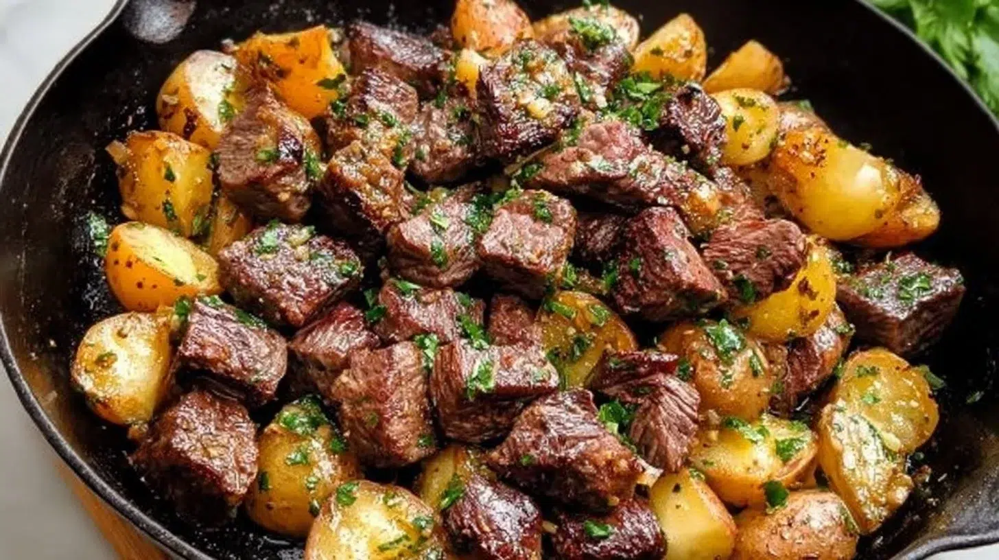 Delicious Garlic Butter Steak Bites served with roasted potatoes