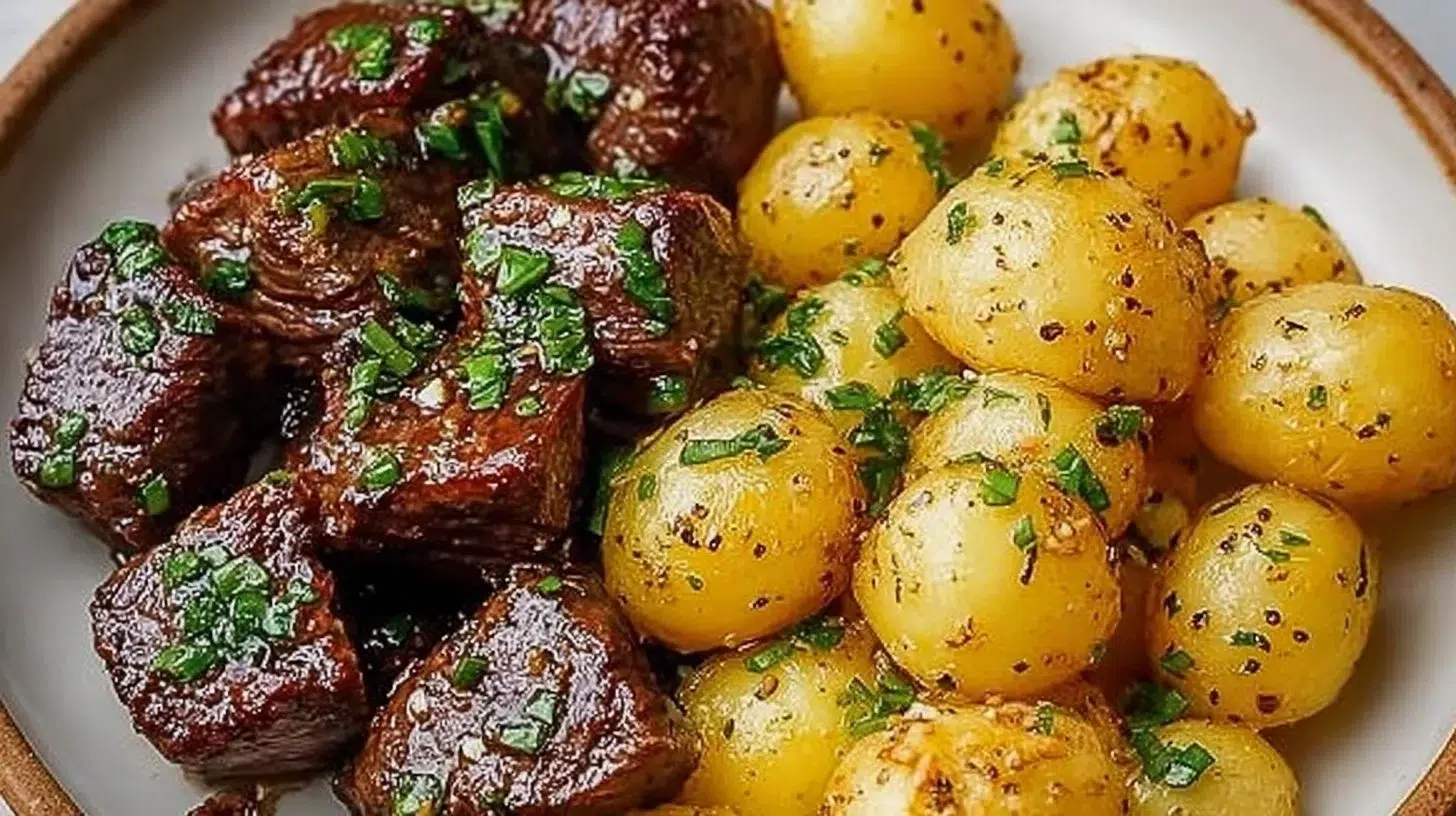 Delicious Garlic Butter Steak Bites served with roasted potatoes