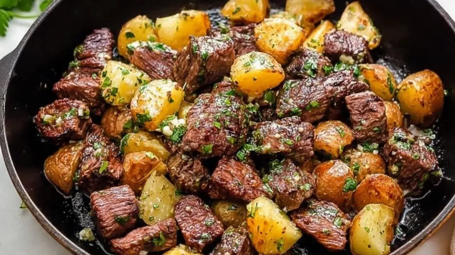Delicious garlic butter steak bites served with crispy potatoes on a wooden platter.