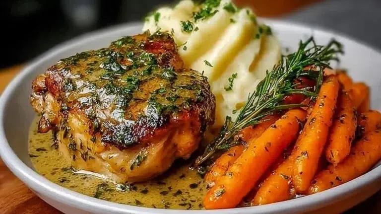 Garlic Herb Chicken served with fresh carrots on a plate