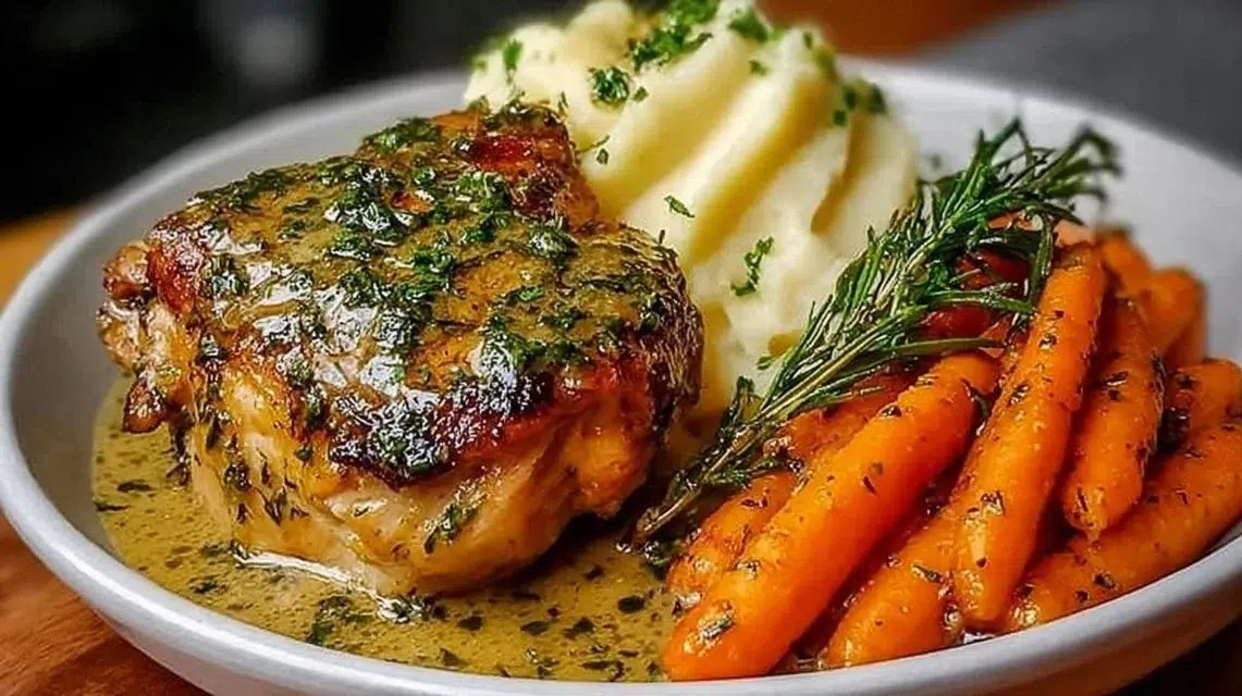 Garlic Herb Chicken served with fresh carrots on a plate