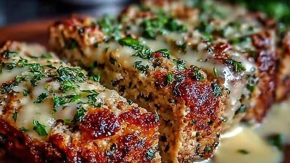 Garlic Parmesan Chicken Meatloaf fresh out of the oven, garnished and sliced.