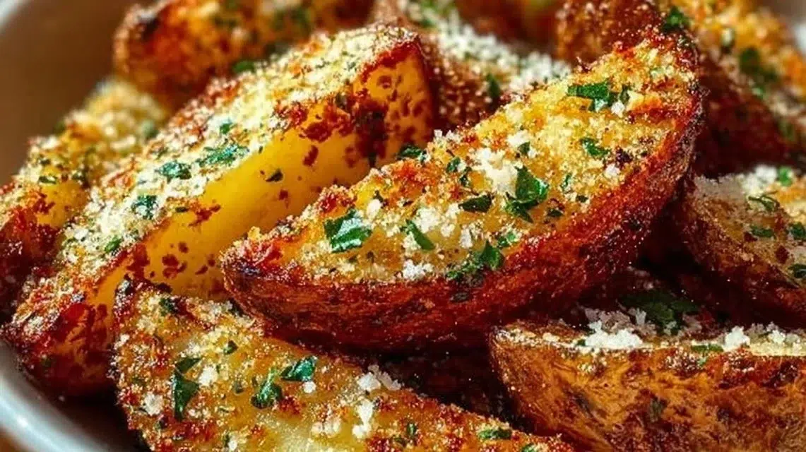 Baked Garlic Parmesan Potato Wedges served hot, garnished with herbs.