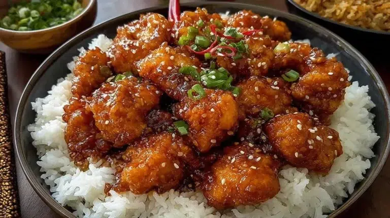 Delicious plate of General Tso's Chicken with sesame seeds and green onions.