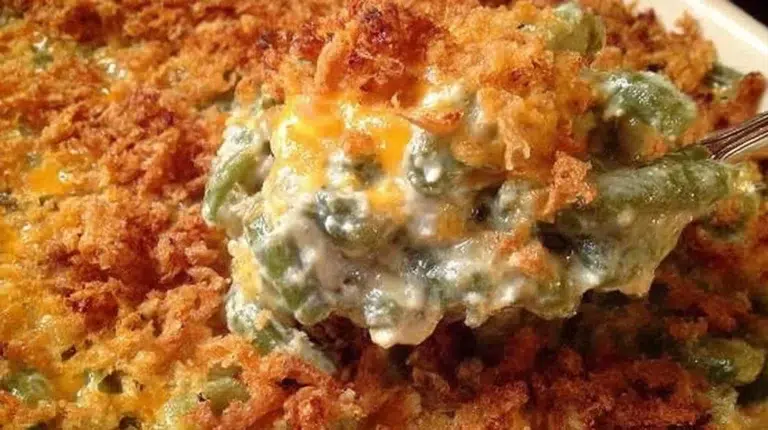 Homemade Grandma's Green Bean Casserole topped with crispy onions