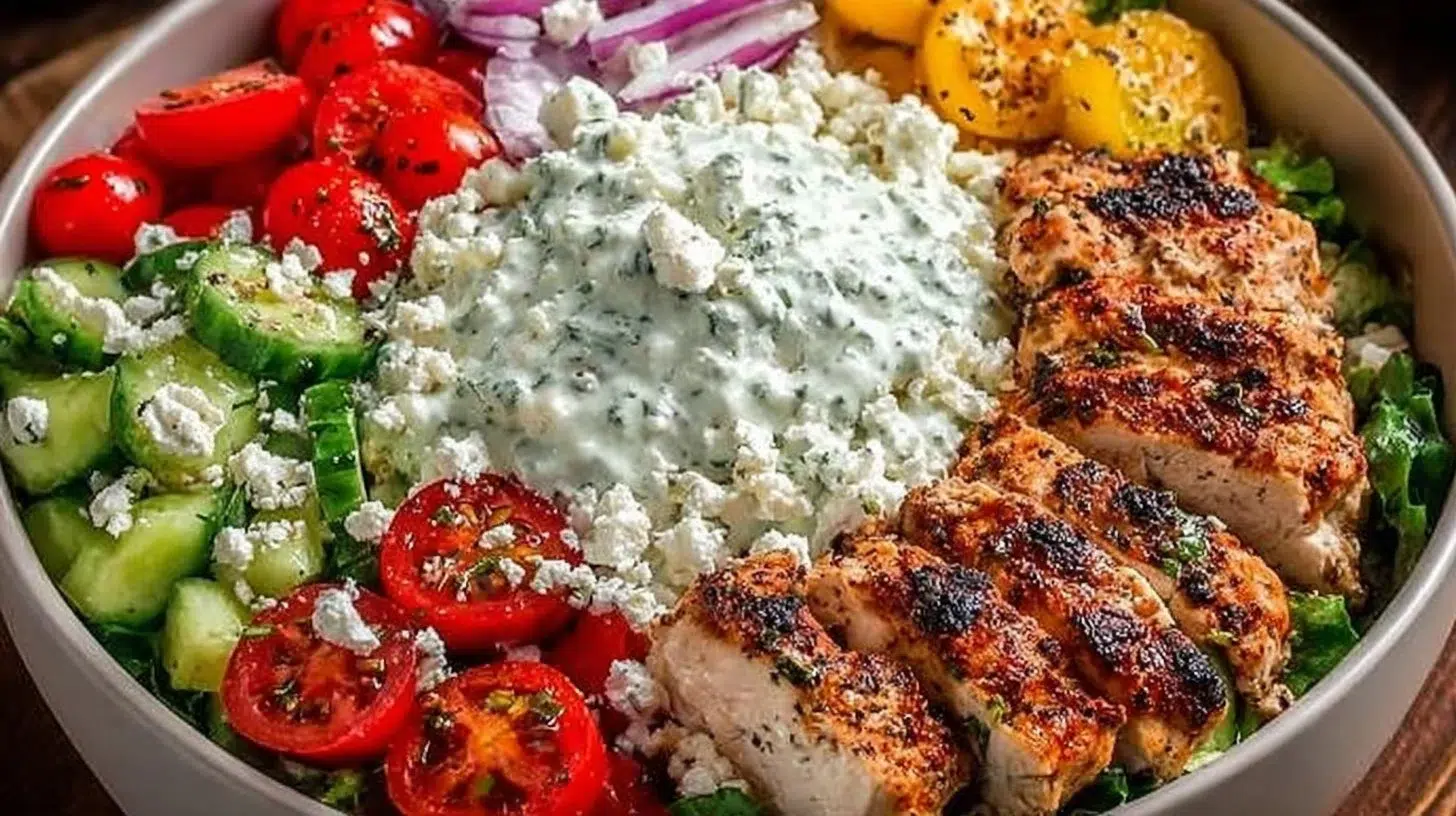 Fresh Greek Chicken Bowl with vegetables and grains