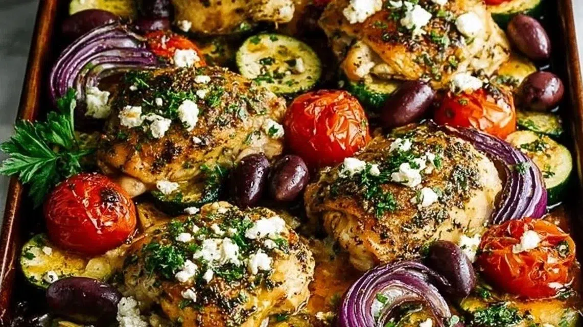 Delicious Greek Sheet Pan Chicken with fresh vegetables and herbs