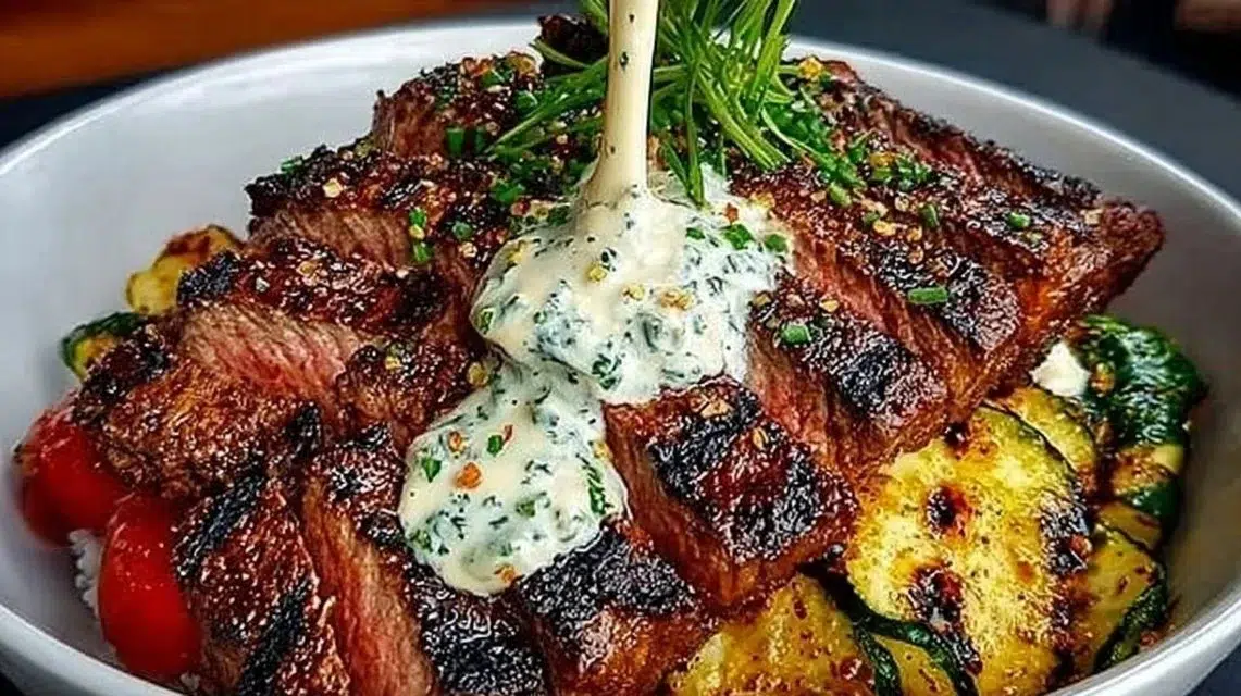 A delicious grilled steak bowl topped with fresh vegetables and sauces