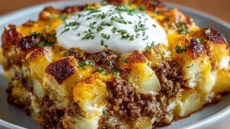 Ground beef and potatoes casserole topped with cheese in a baking dish.