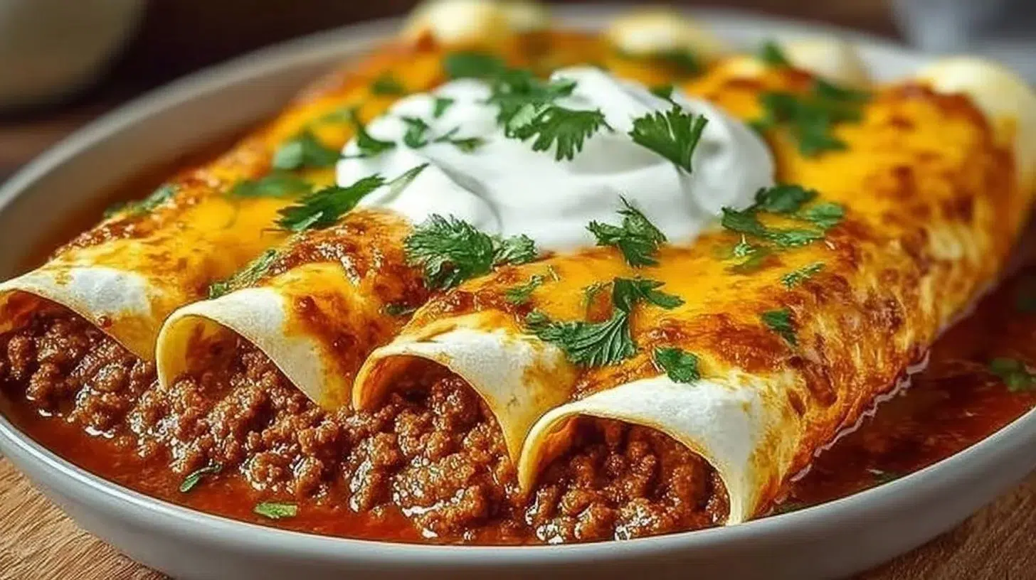 Ground beef enchiladas topped with cheese and sauce