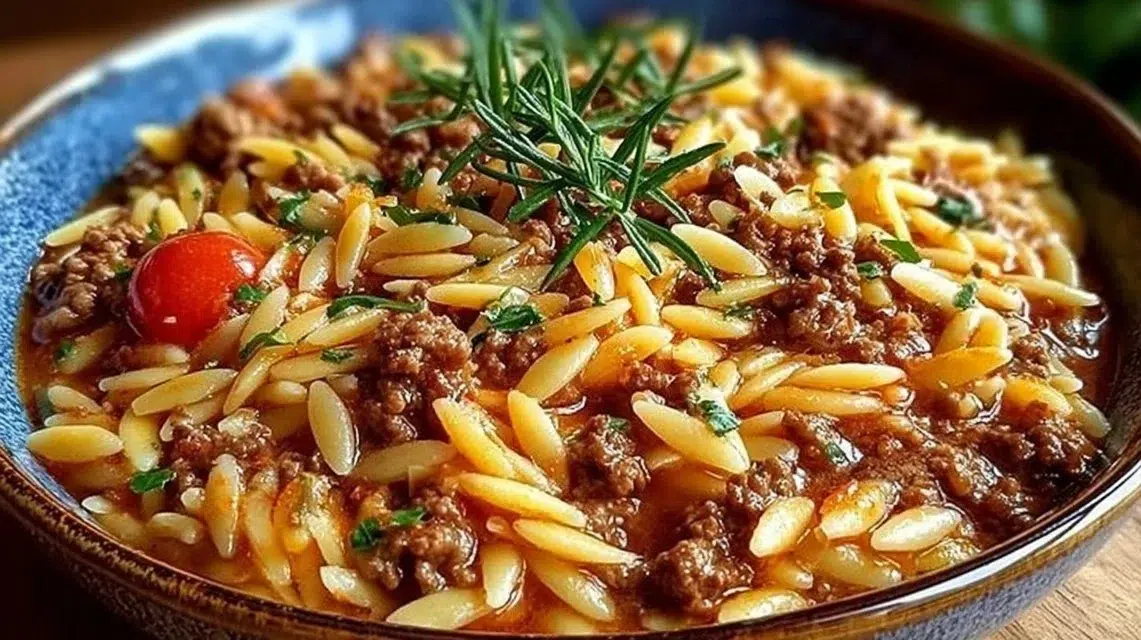 Delicious Ground Beef Orzo served in a bowl with fresh herbs.