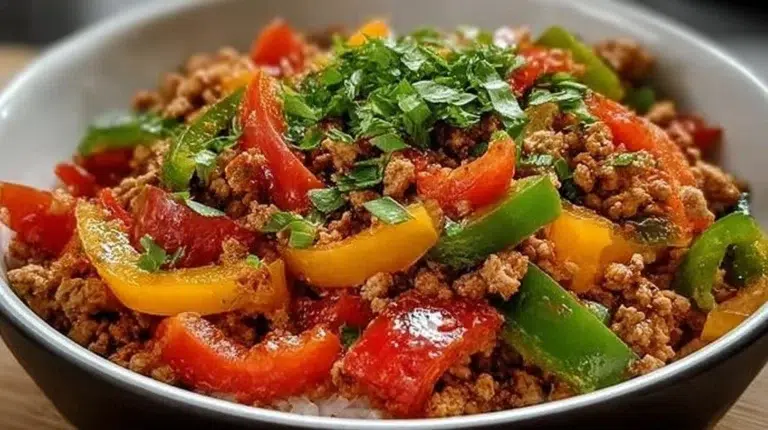 Ground turkey and peppers dish served on a plate, garnished with herbs