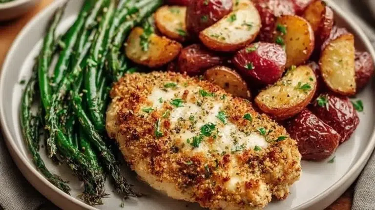 Healthy Chicken Parmesan served with roasted vegetables on a plate.