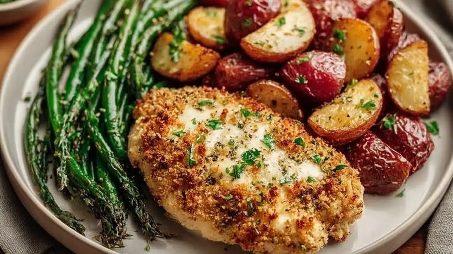 Healthy Chicken Parmesan served with roasted vegetables on a plate.
