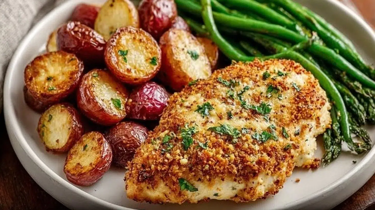 Healthy Chicken Parmesan served with roasted vegetables on a plate