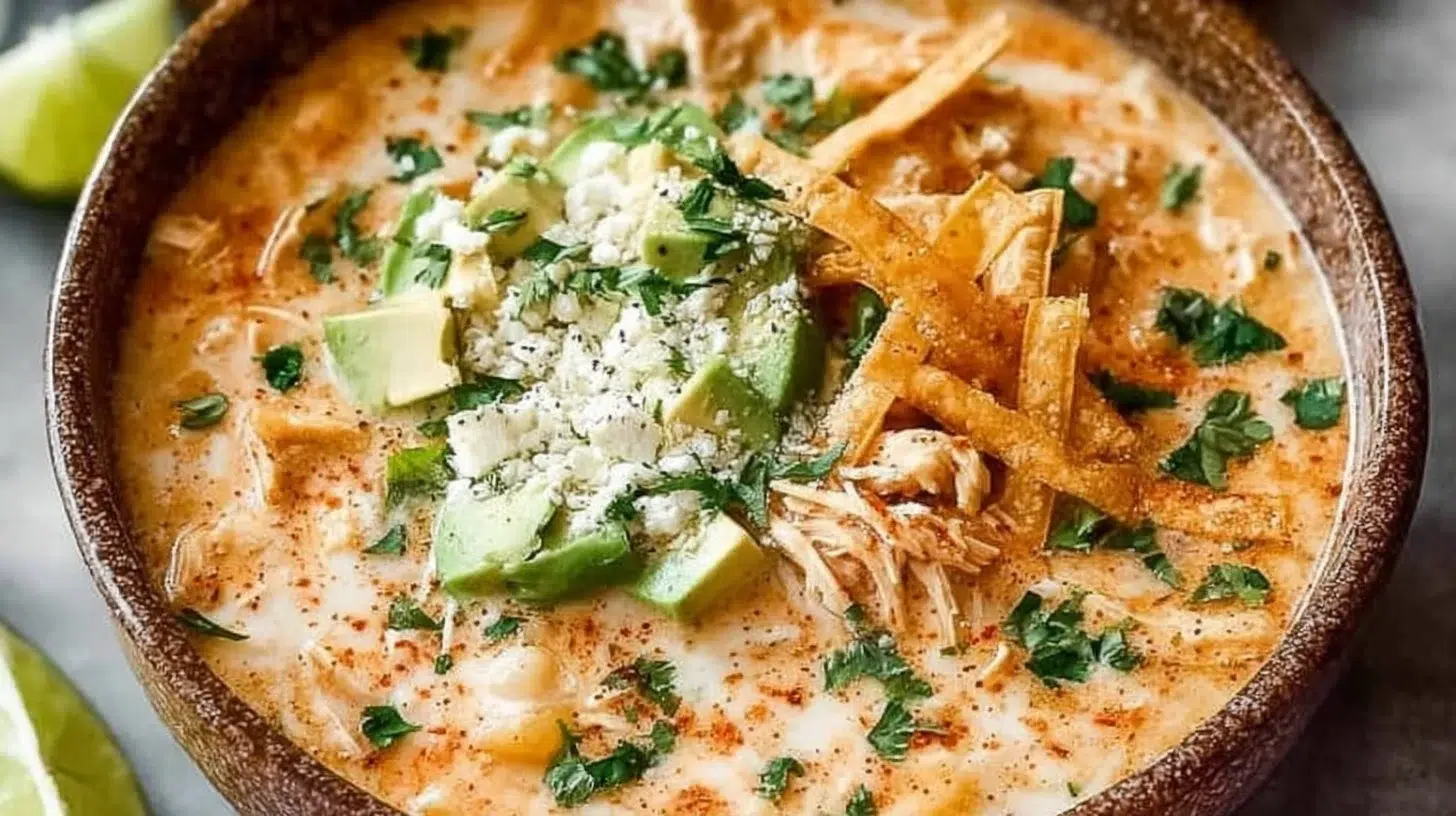 Bowl of healthy high protein white chicken chili garnished with cilantro and lime.