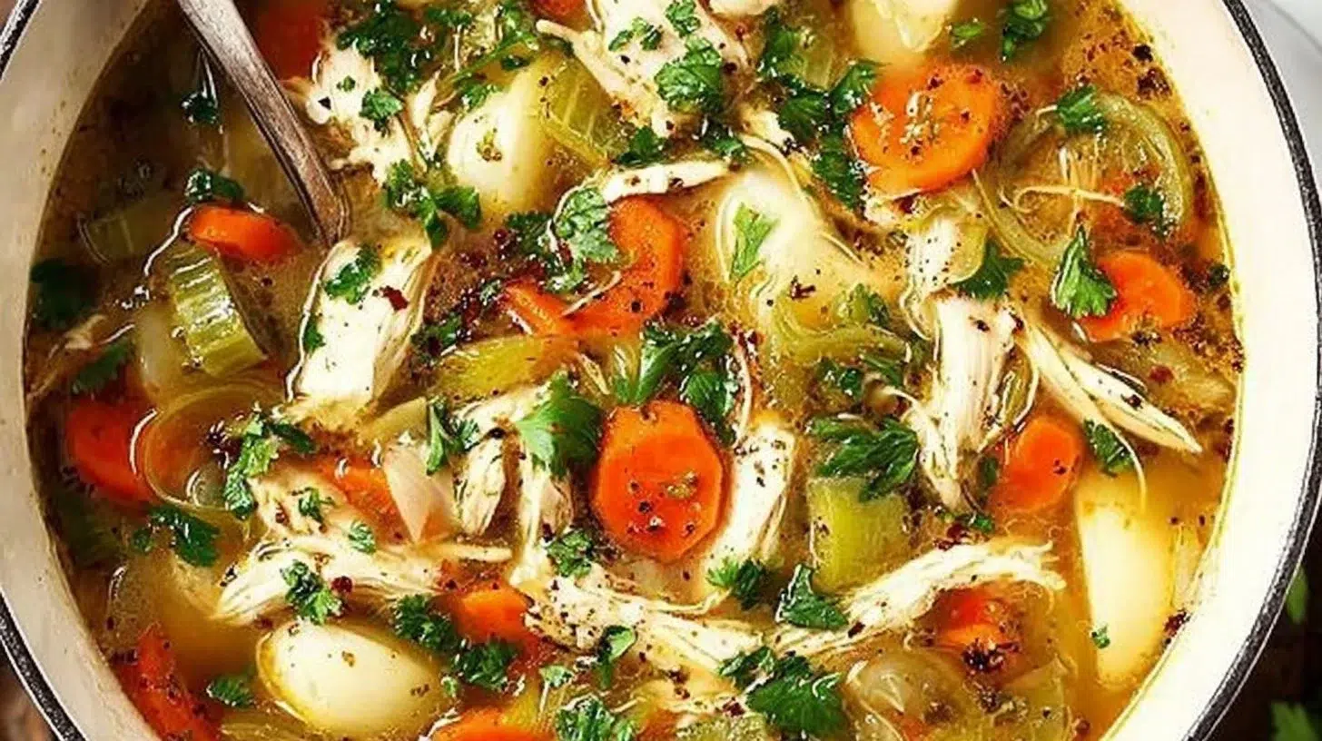 Bowl of healthy homemade chicken soup with fresh vegetables and herbs