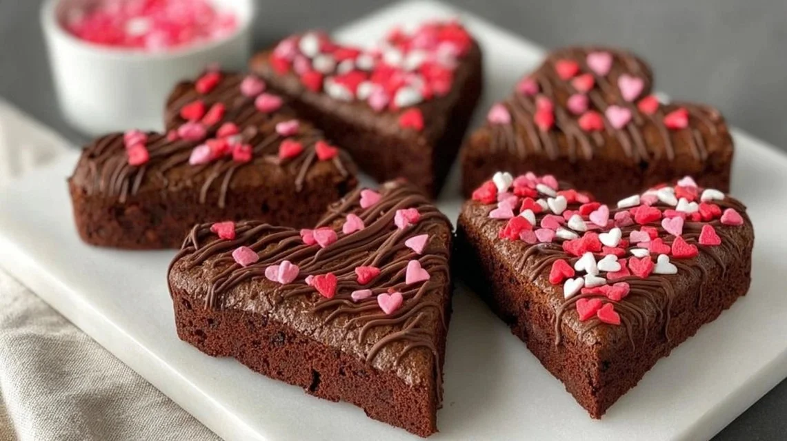 Heart shaped brownies decorated for Valentine's Day