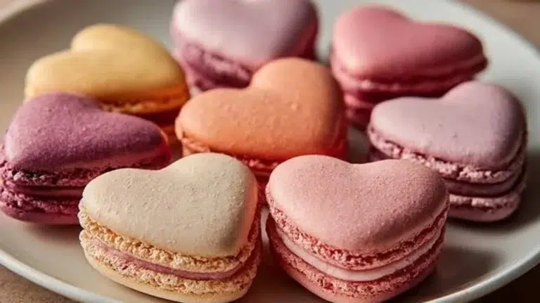 Heart-shaped macarons in pastel colors, perfect for celebrations.