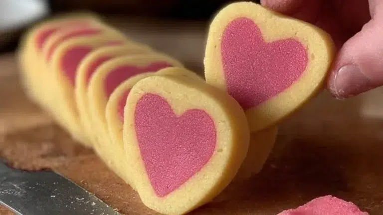 Heart-shaped slice and bake cookies on a baking sheet