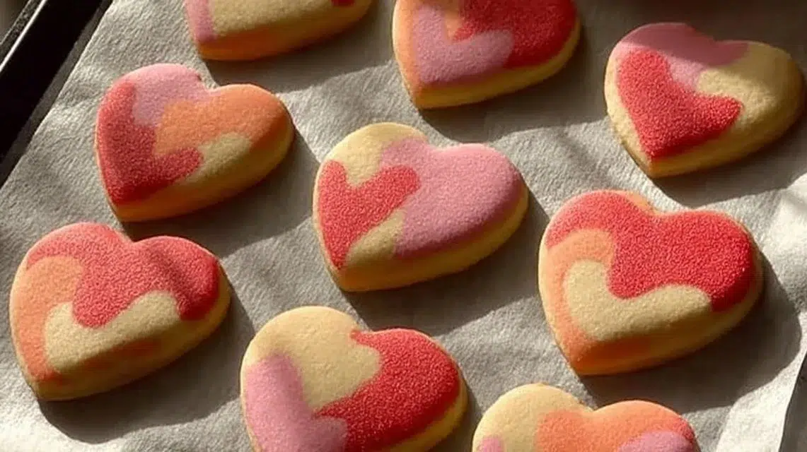 Heart-shaped Valentine's Day cookies decorated with red icing and sprinkles